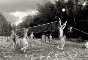 Menschen spielen Beachvolleyball vor einem Baumhaus – Gemeinschaft in der Natur